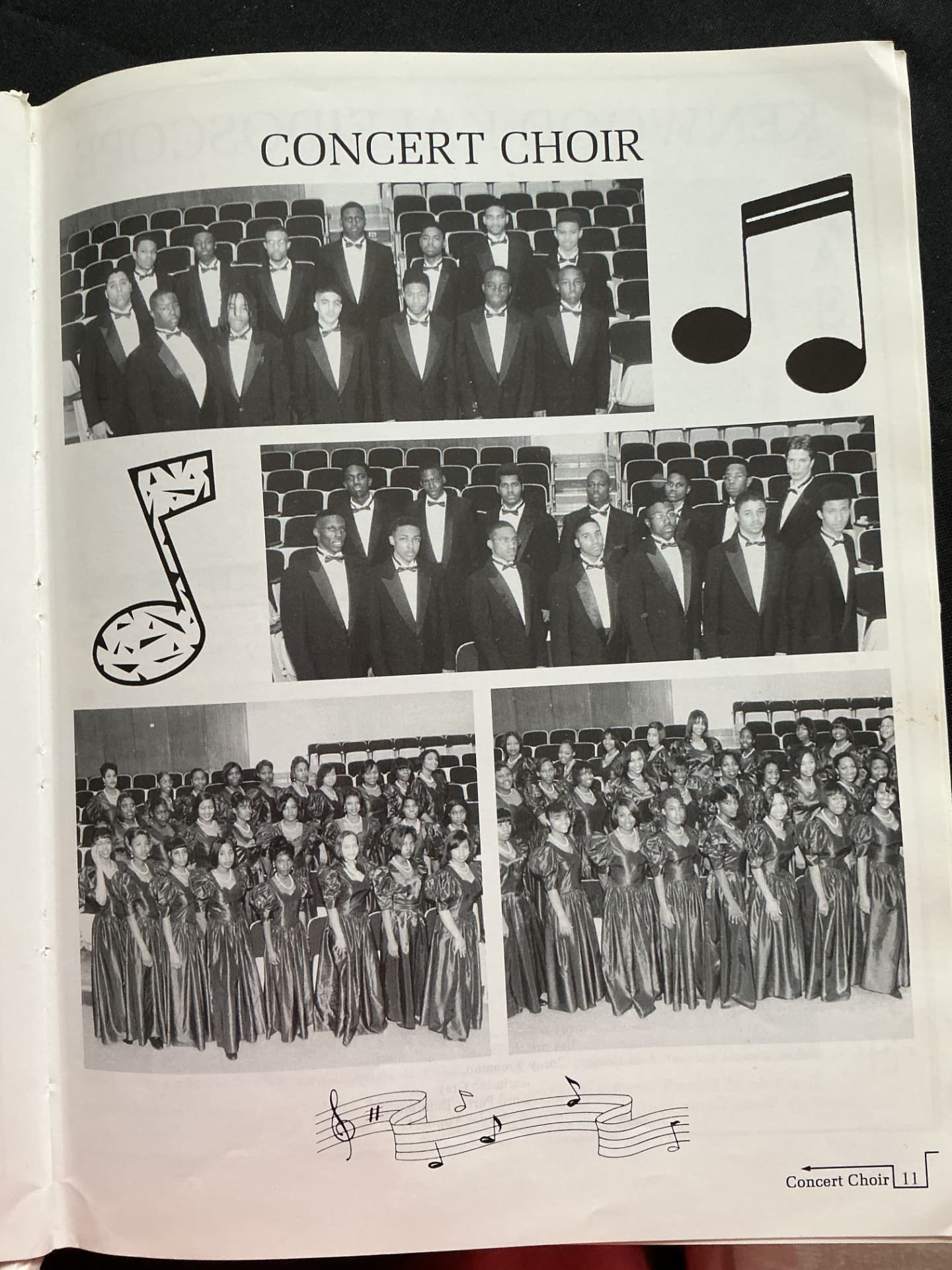 The 1996 Kenwood Academy Concert Choir yearbook page, with the choir in tuxedos and satin gowns in the auditorium.