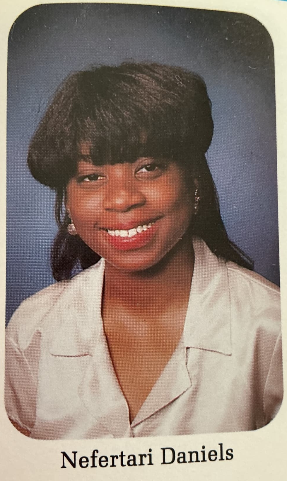 Nefertari Daniels, senior portrait, 1996 Kenwood Academy yearbook.