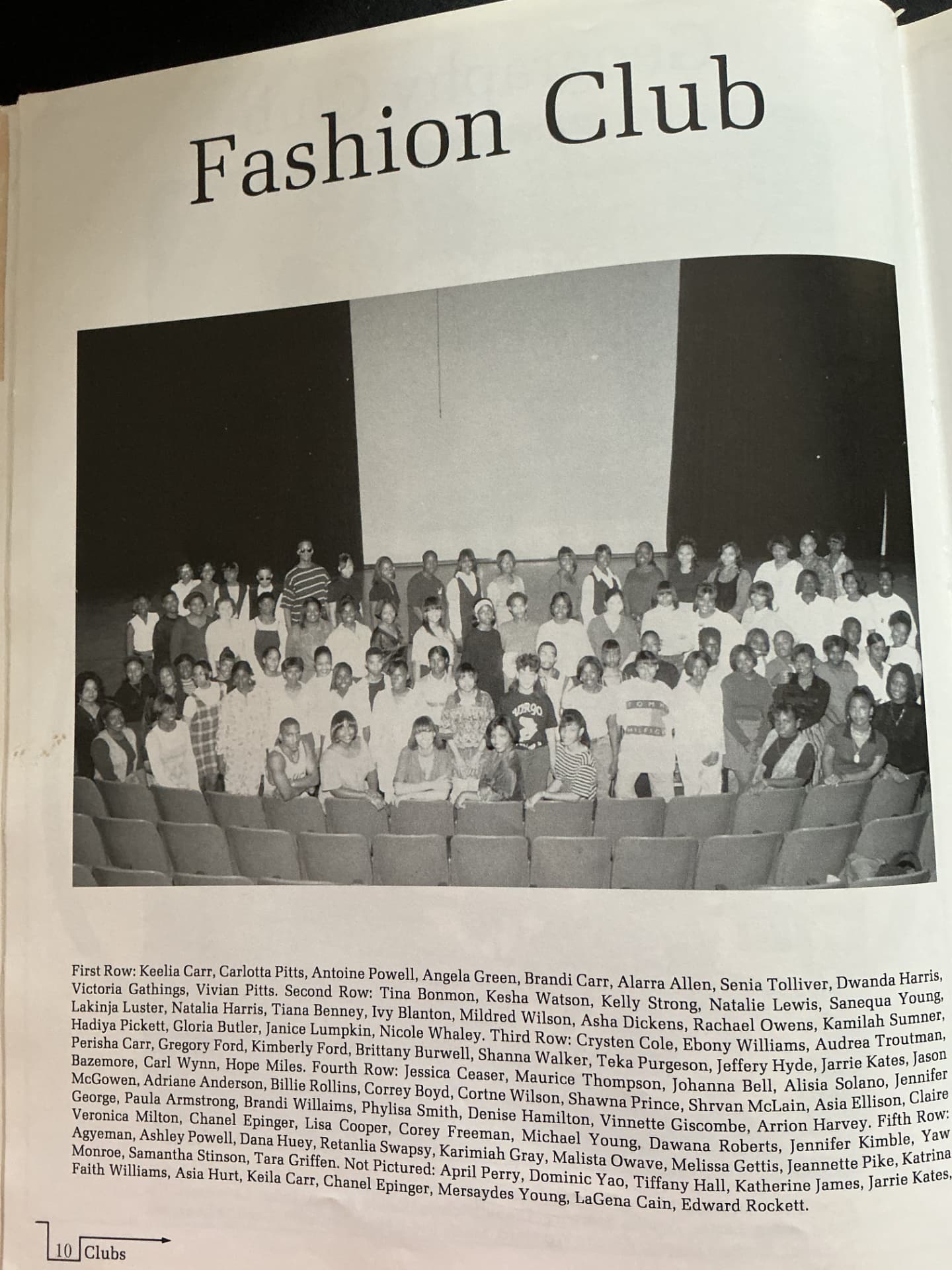 The 1996 Kenwood Academy Fashion Club yearbook page, with the full club gathered in the auditorium.