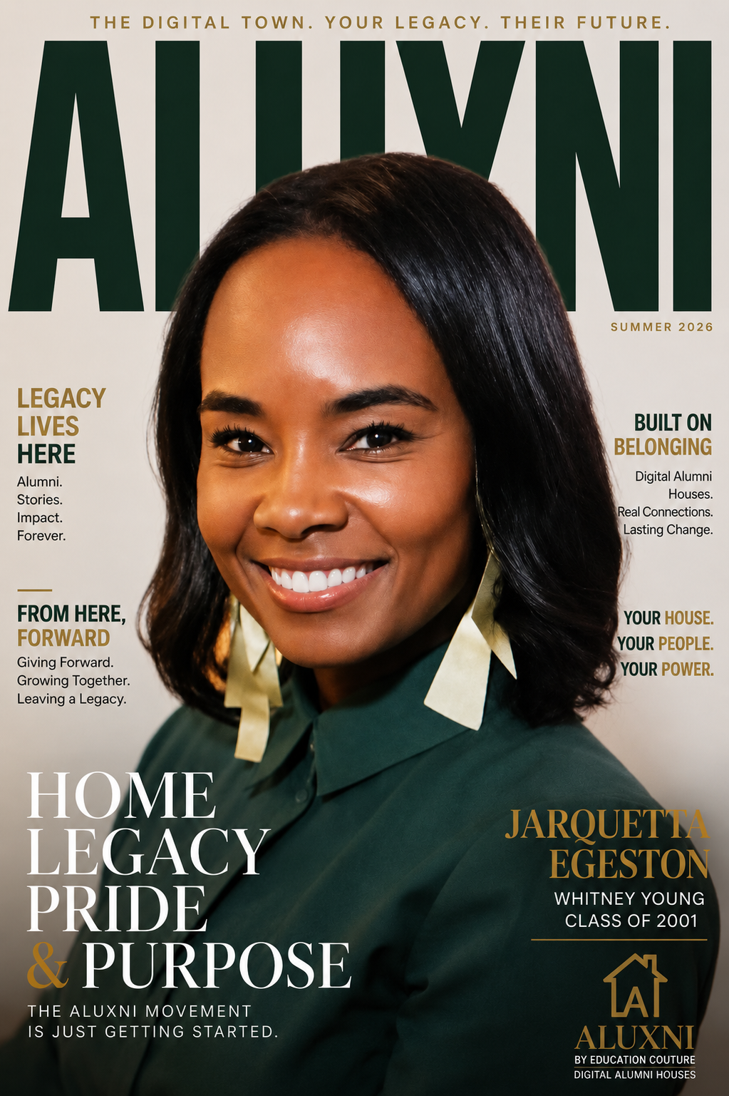 ALUXNI magazine cover featuring Jarquetta Egeston, Featured Founder of 211 Suite, Whitney Young Class of 2001.