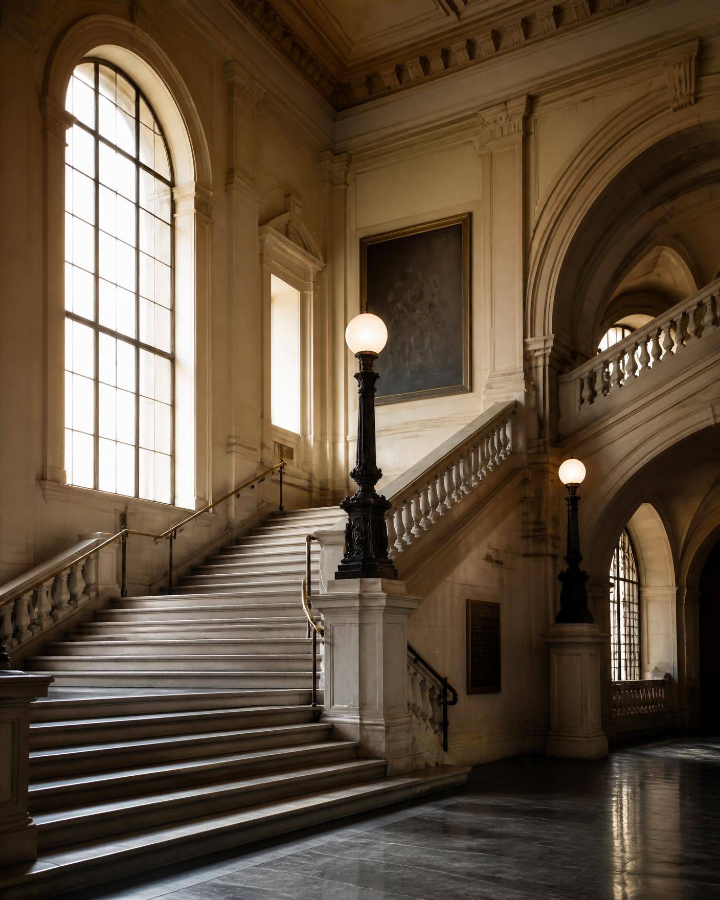 Grand staircase and arched windows inside a classical academic building