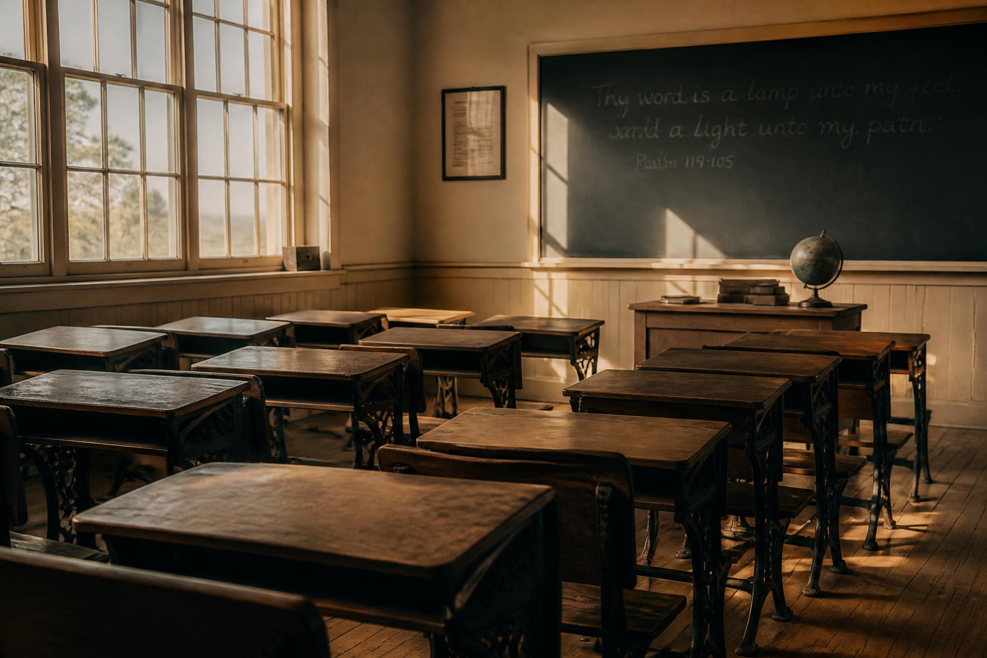 An empty classroom with wooden desks in soft morning light