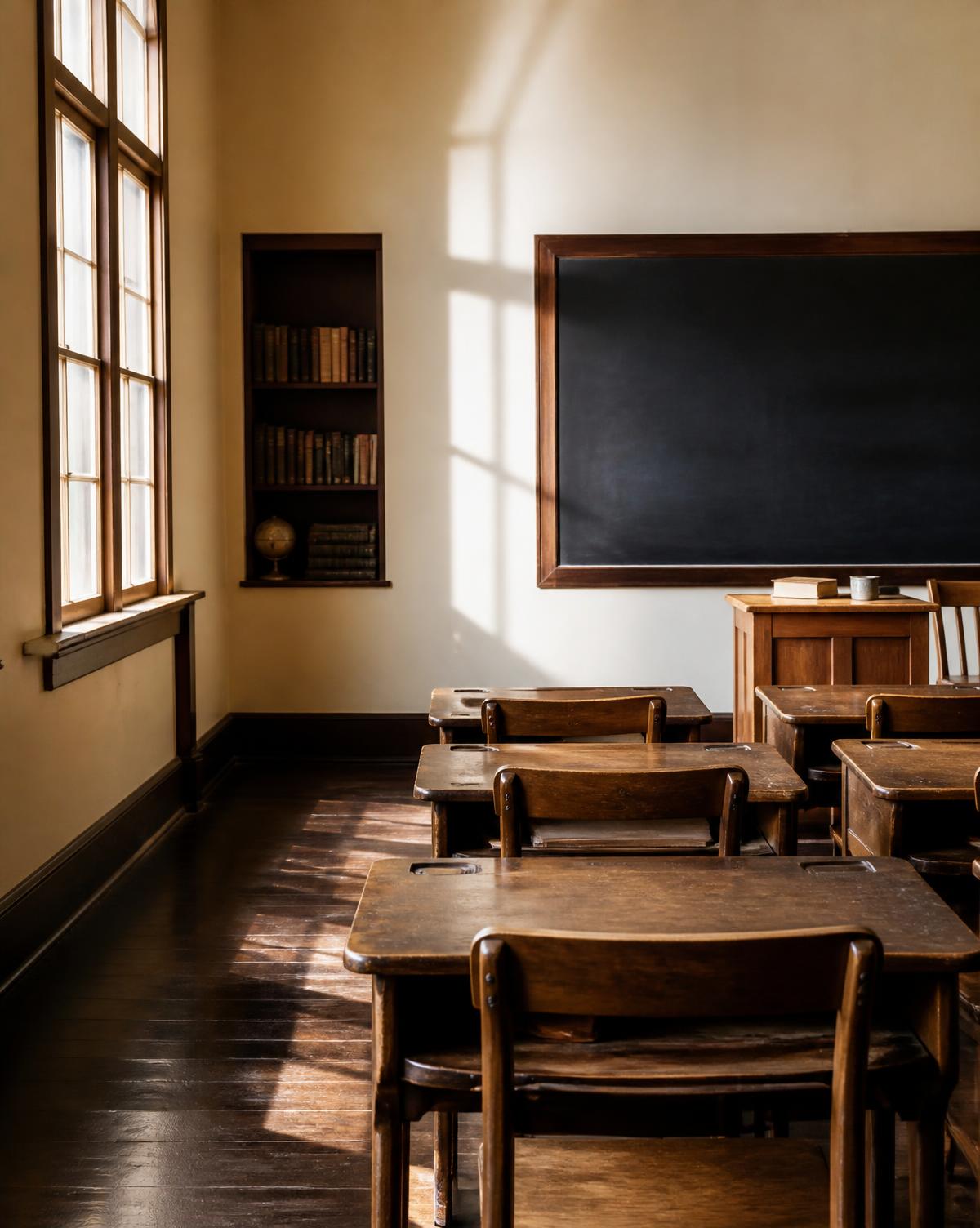 An empty classroom with wooden desks and a chalkboard